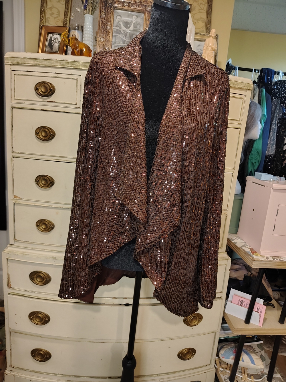 Vintage Vine And Love Sequin Draped Open Cardigan